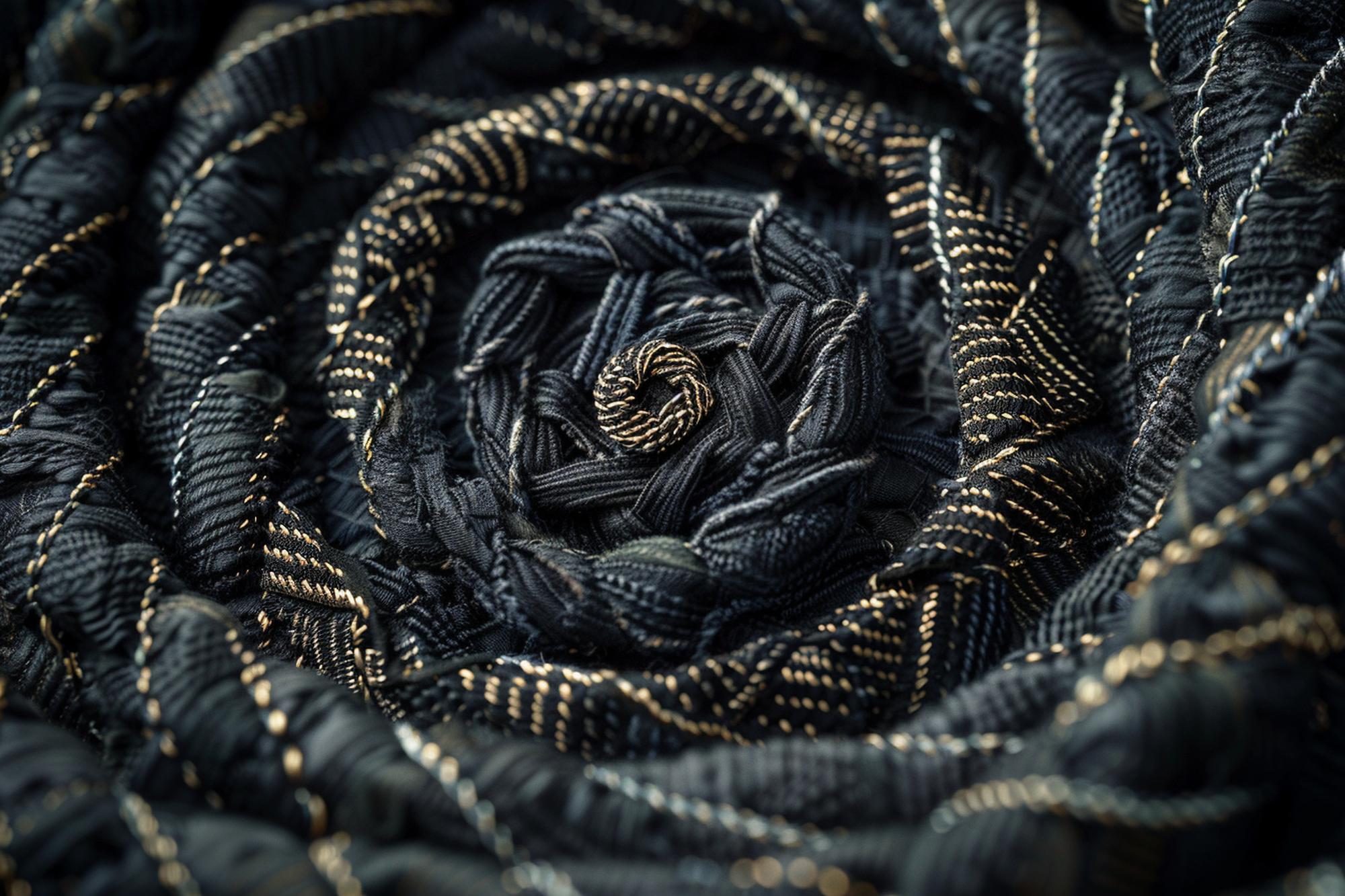 Close-up of metallic thread embroidery on dark fabric